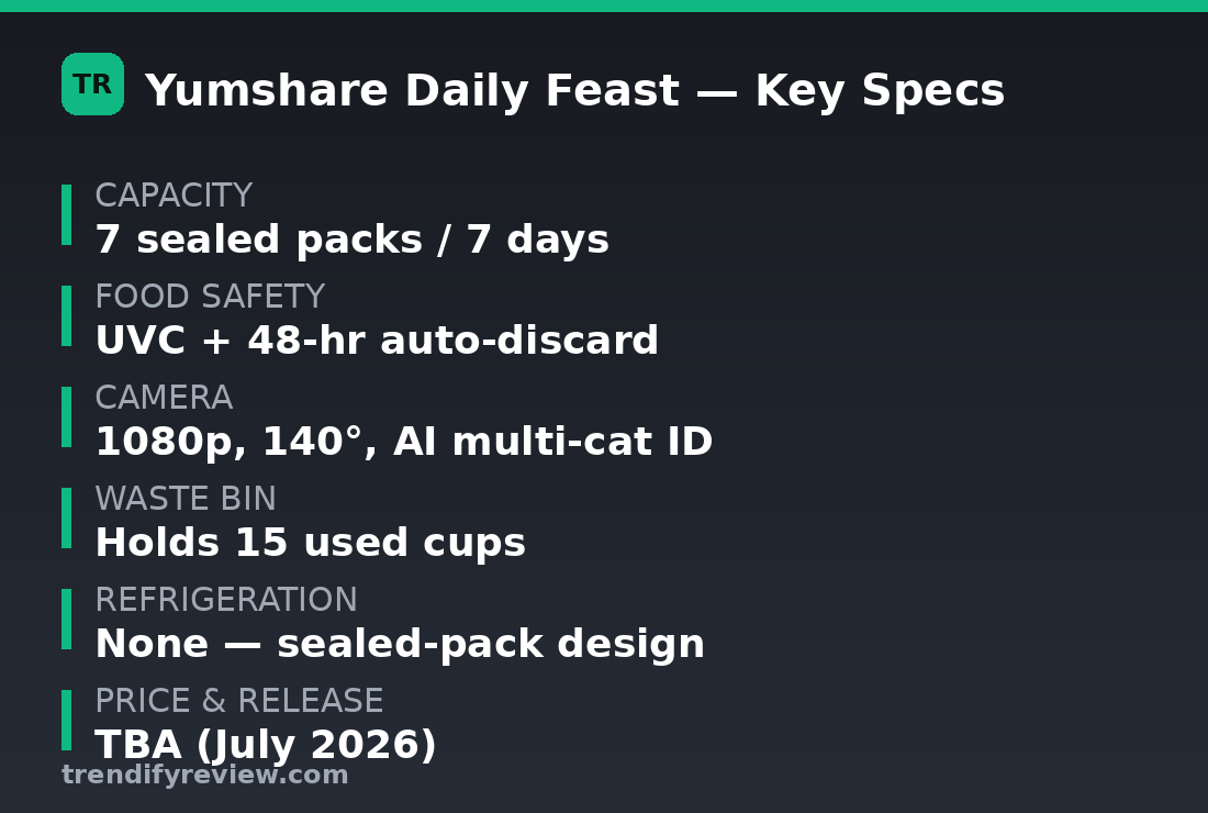 PETKIT Yumshare Daily Feast key specs: 7 sealed packs, UVC sanitization, 48-hour discard, 1080p AI camera, price TBA