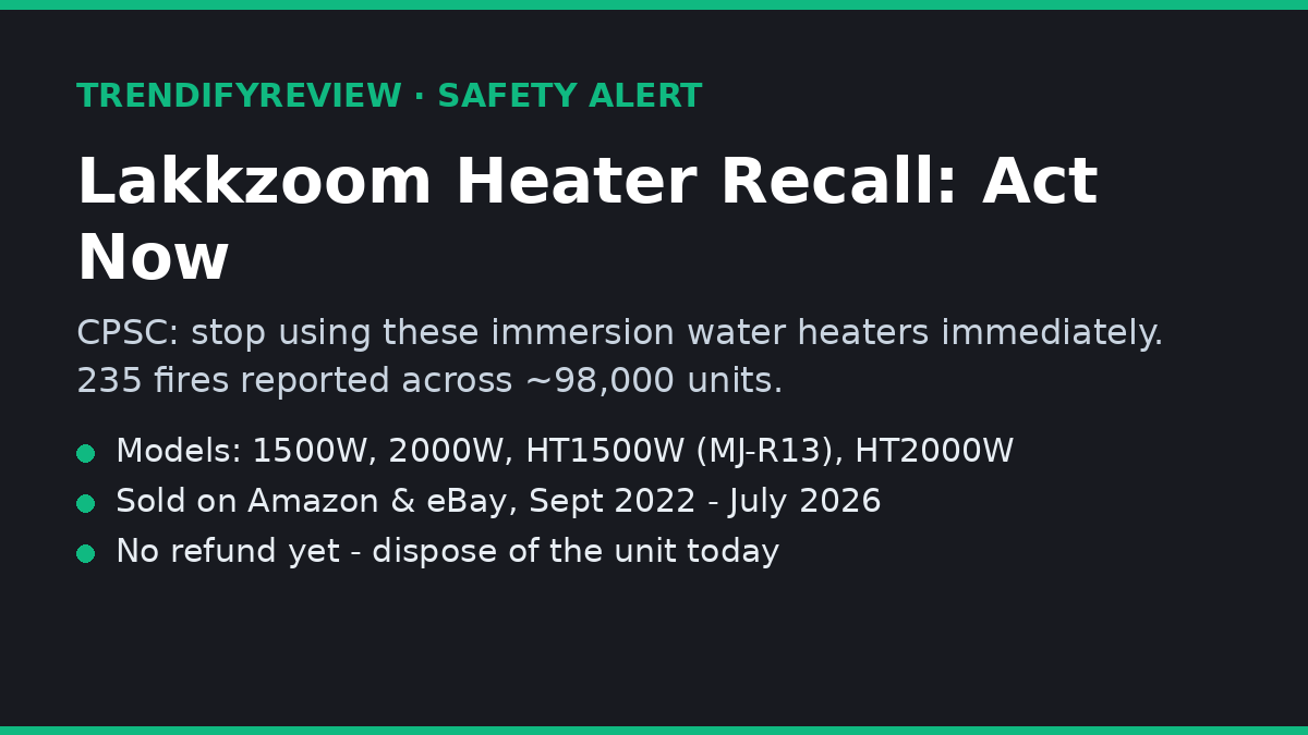 Safety alert card: CPSC urges consumers to stop using Lakkzoom immersion water heaters after 235 reported fires