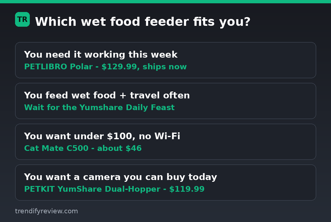 Decision guide graphic matching four buyer situations to the right wet food feeder