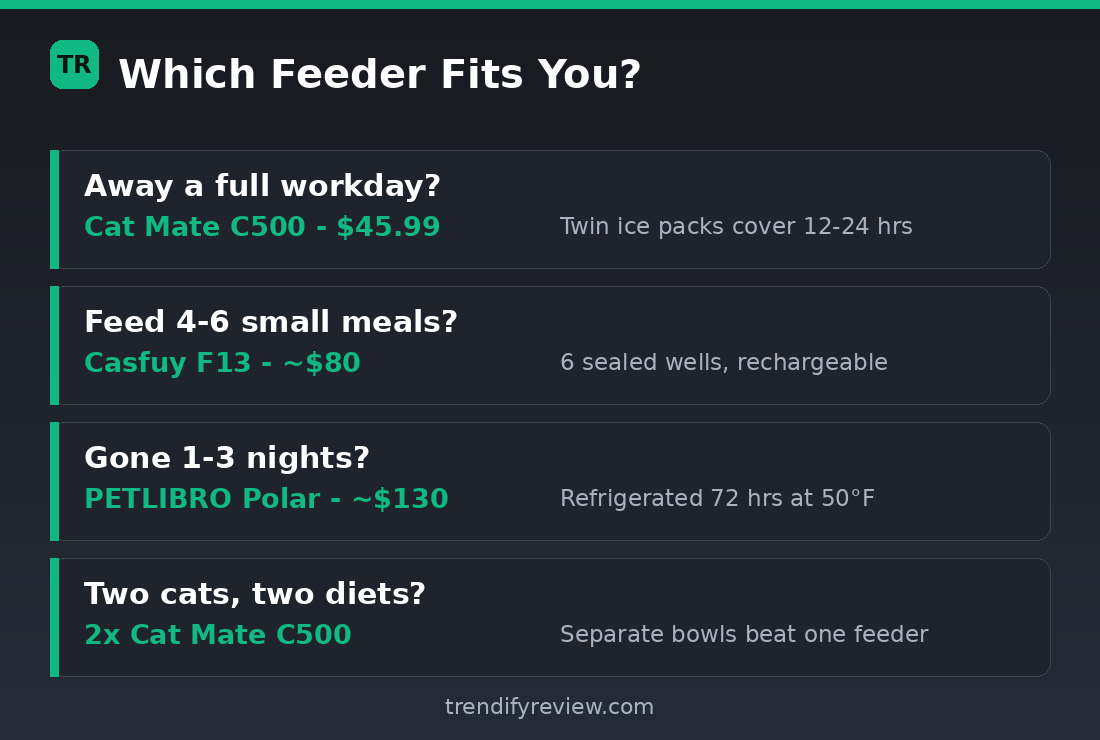 Decision chart matching wet food feeders to workdays, small meals, overnight trips, and two-cat homes