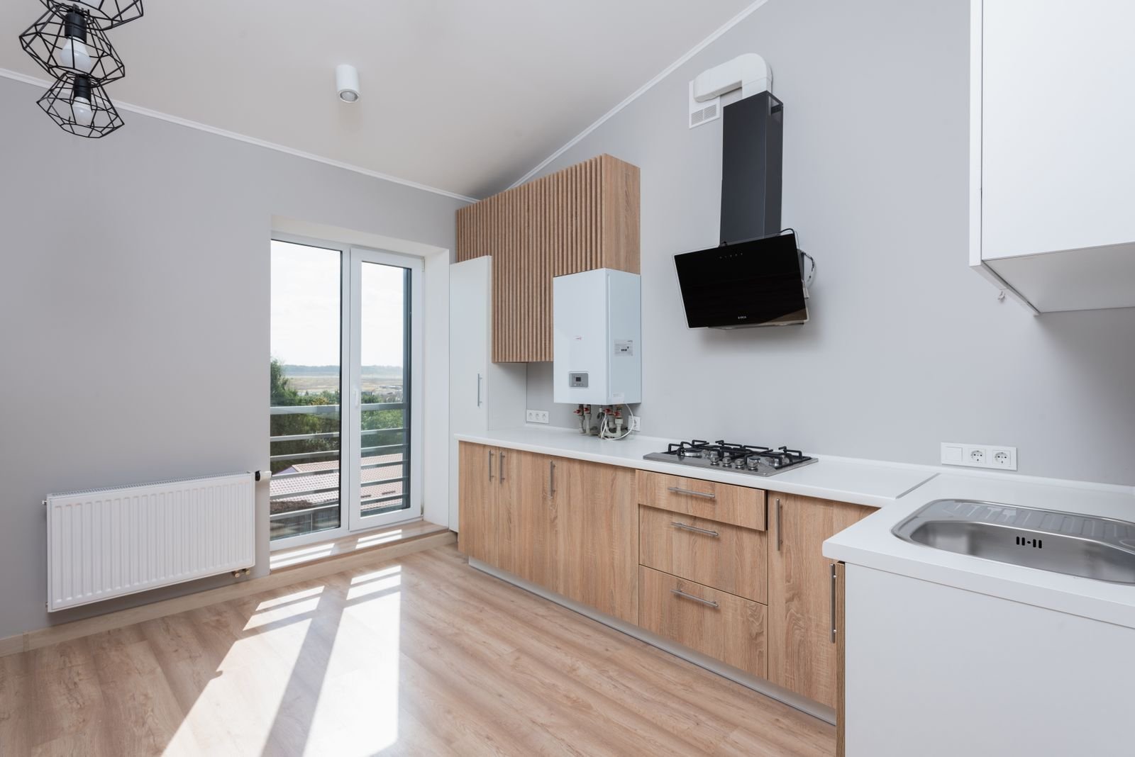 Modern kitchen counter where a portable countertop ice maker would sit