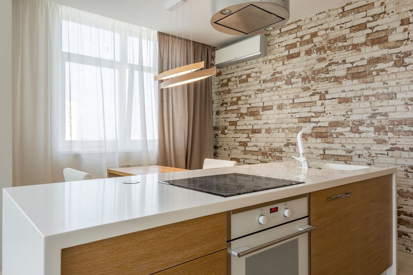 Modern kitchen countertop where a Ninja Crispi microwave air fryer combo would sit